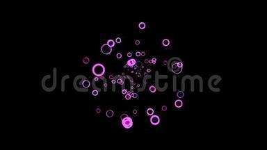 抽象霓虹紫环在黑暗中，运动背景。 动画。 美丽的小圆框摇曳飞舞